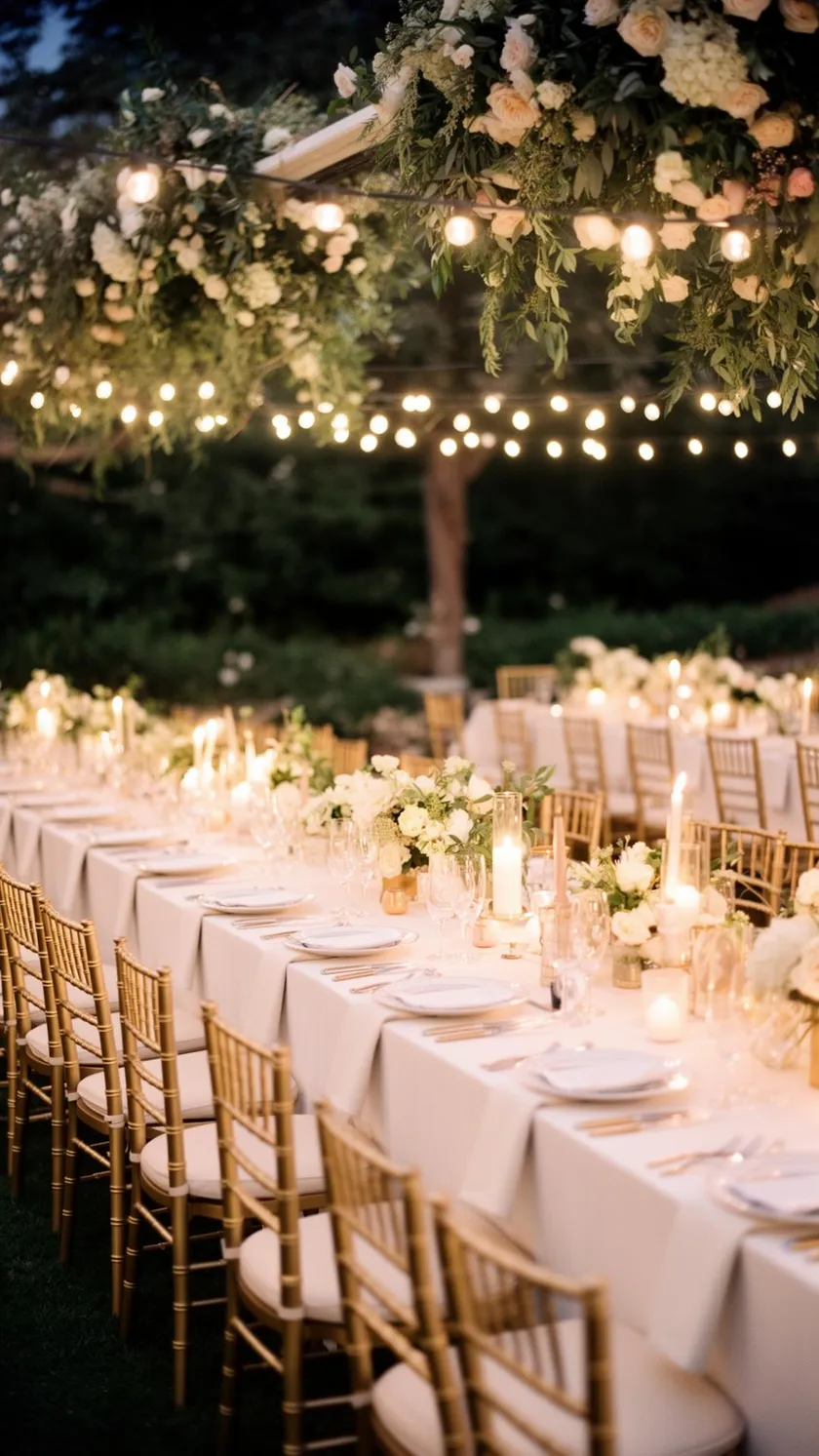 Elegantly set outdoor event with gold chiavari chairs, candles, and florals